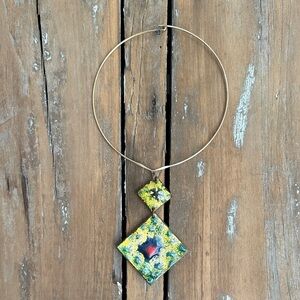 Enamel Artistic Gold and Multicolor Pendant Necklace